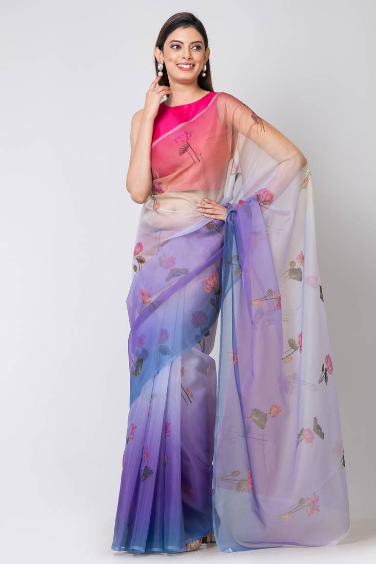 Indiloom Multi Color Digital Print Organza Saree With Blouse Piece
