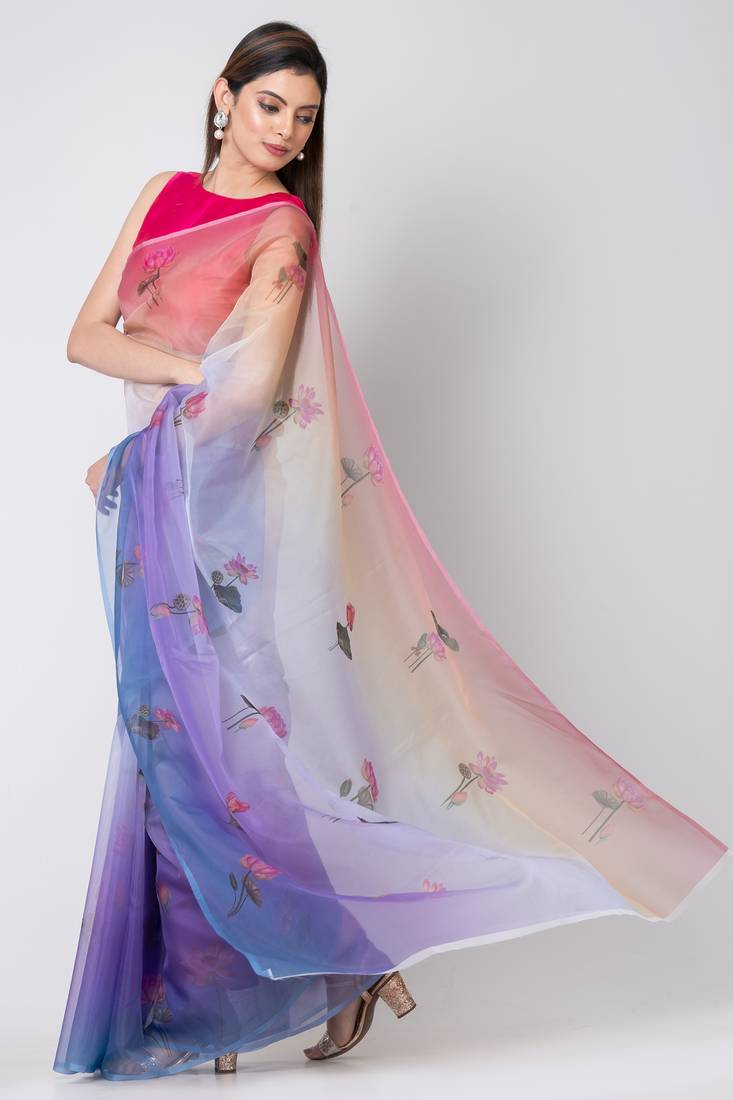 Indiloom Multi Color Digital Print Organza Saree With Blouse Piece