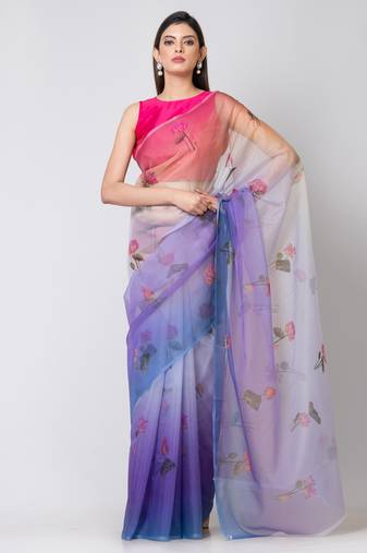 Indiloom Multi Color Digital Print Organza Saree With Blouse Piece