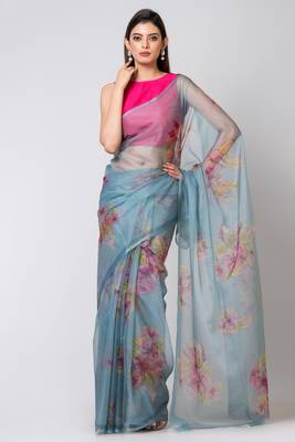 Indiloom Green Handwork bead scalloping Digital Print Organza Saree With Blouse Piece 1