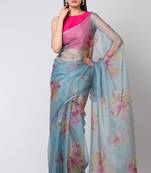 Indiloom Green Handwork bead scalloping Digital Print Organza Saree With Blouse Piece