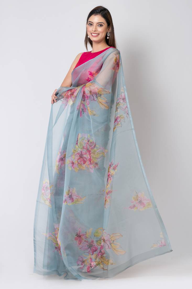 Indiloom Green Handwork bead scalloping Digital Print Organza Saree With Blouse Piece