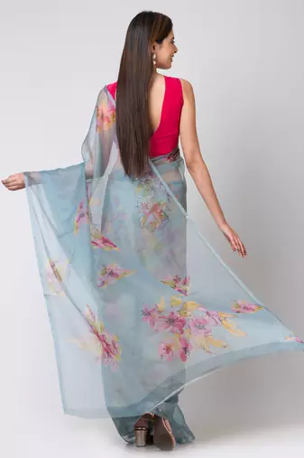 Indiloom Green Handwork bead scalloping Digital Print Organza Saree With Blouse Piece