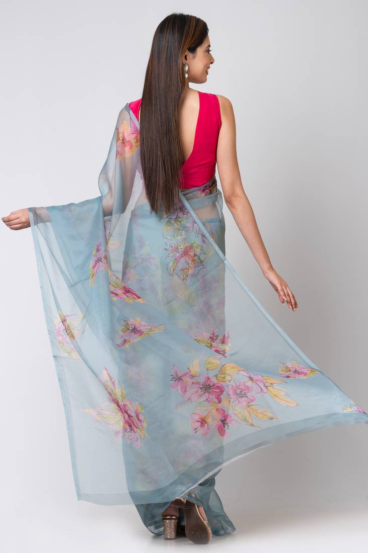 Indiloom Green Handwork bead scalloping Digital Print Organza Saree With Blouse Piece