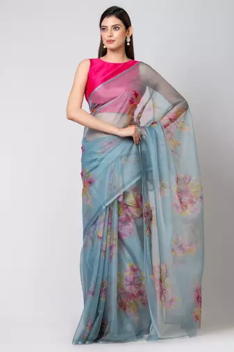 Indiloom Green Handwork bead scalloping Digital Print Organza Saree With Blouse Piece