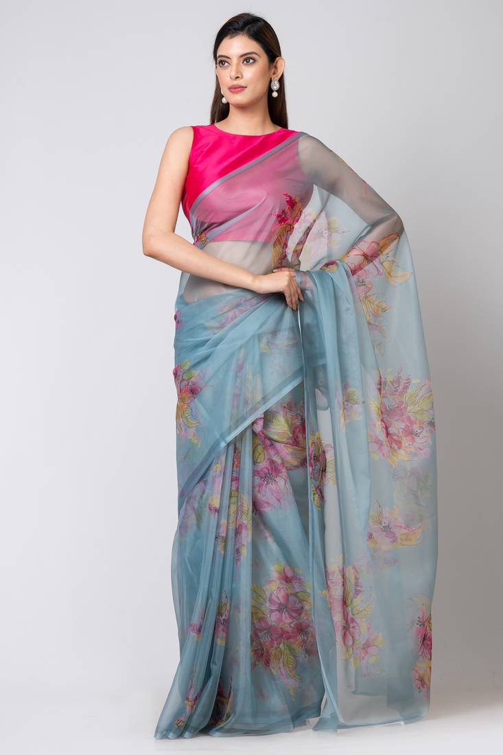 Indiloom Green Handwork bead scalloping Digital Print Organza Saree With Blouse Piece