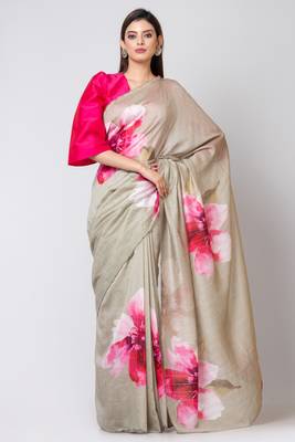 Indiloom Grey Digital Print Woven Sequence Crepe Saree With Blouse Piece 1