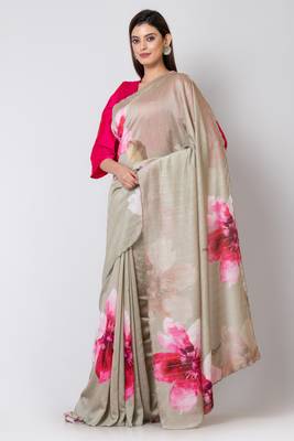 Indiloom Grey Digital Print Woven Sequence Crepe Saree With Blouse Piece 2