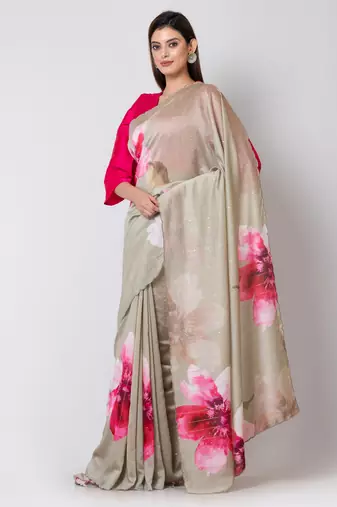 Indiloom Grey Digital Print Woven Sequence Crepe Saree With Blouse Piece