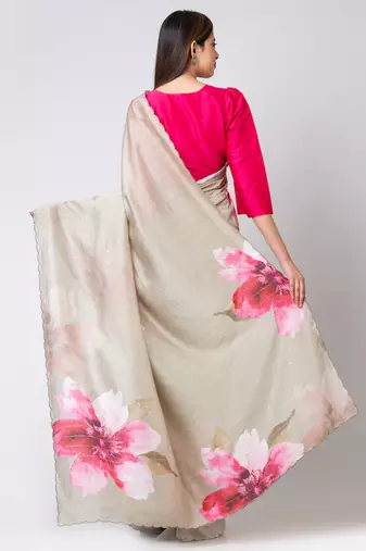 Indiloom Grey Digital Print Woven Sequence Crepe Saree With Blouse Piece