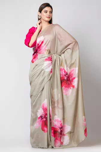 Indiloom Grey Digital Print Woven Sequence Crepe Saree With Blouse Piece