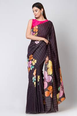 Indiloom Black Digital Print Woven Sequence Crepe Saree With Blouse Piece 1