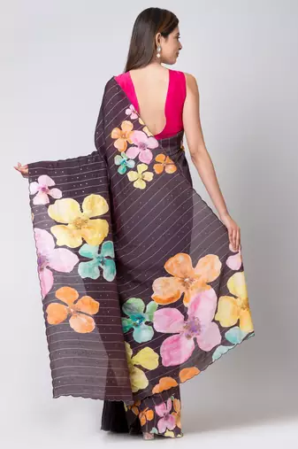 Indiloom Black Digital Print Woven Sequence Crepe Saree With Blouse Piece