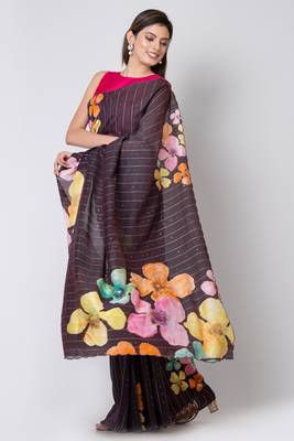 Indiloom Black Digital Print Woven Sequence Crepe Saree With Blouse Piece 3
