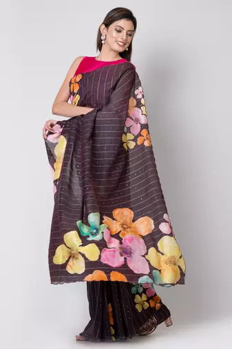 Indiloom Black Digital Print Woven Sequence Crepe Saree With Blouse Piece
