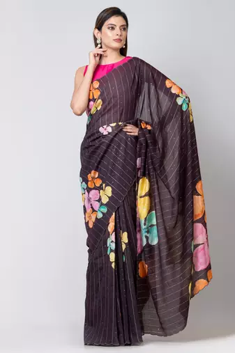 Indiloom Black Digital Print Woven Sequence Crepe Saree With Blouse Piece