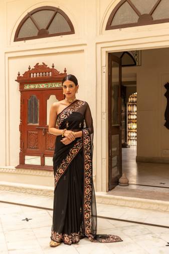 GEROO JAIPUR BLACK HAND EMBROIDERED CHIFFON SAREE