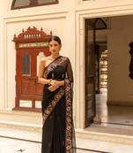 GEROO JAIPUR BLACK HAND EMBROIDERED CHIFFON SAREE