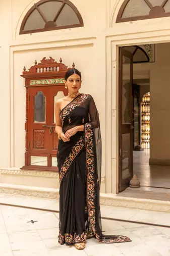   BLACK HAND EMBROIDERED CHIFFON SAREE