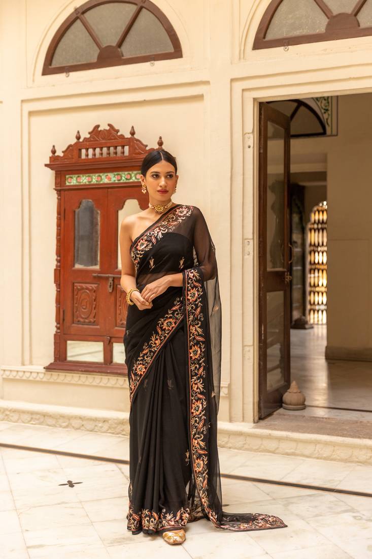 GEROO JAIPUR BLACK HAND EMBROIDERED CHIFFON SAREE