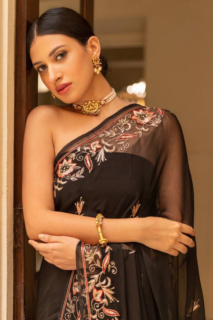 GEROO JAIPUR BLACK HAND EMBROIDERED CHIFFON SAREE