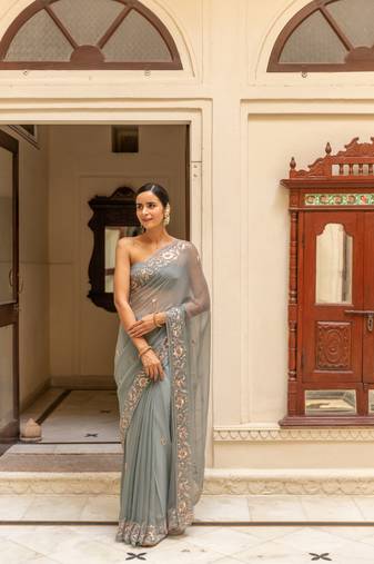 GEROO JAIPUR GREY HAND EMBROIDERED CHIFFON SAREE