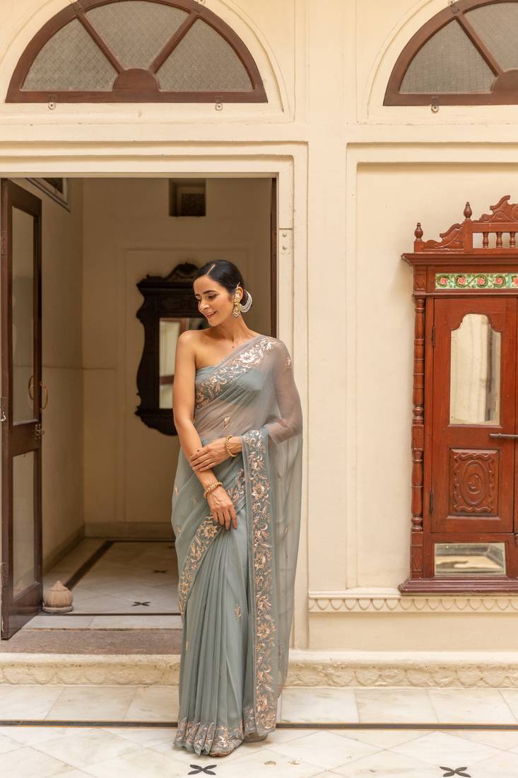 GEROO JAIPUR GREY HAND EMBROIDERED CHIFFON SAREE