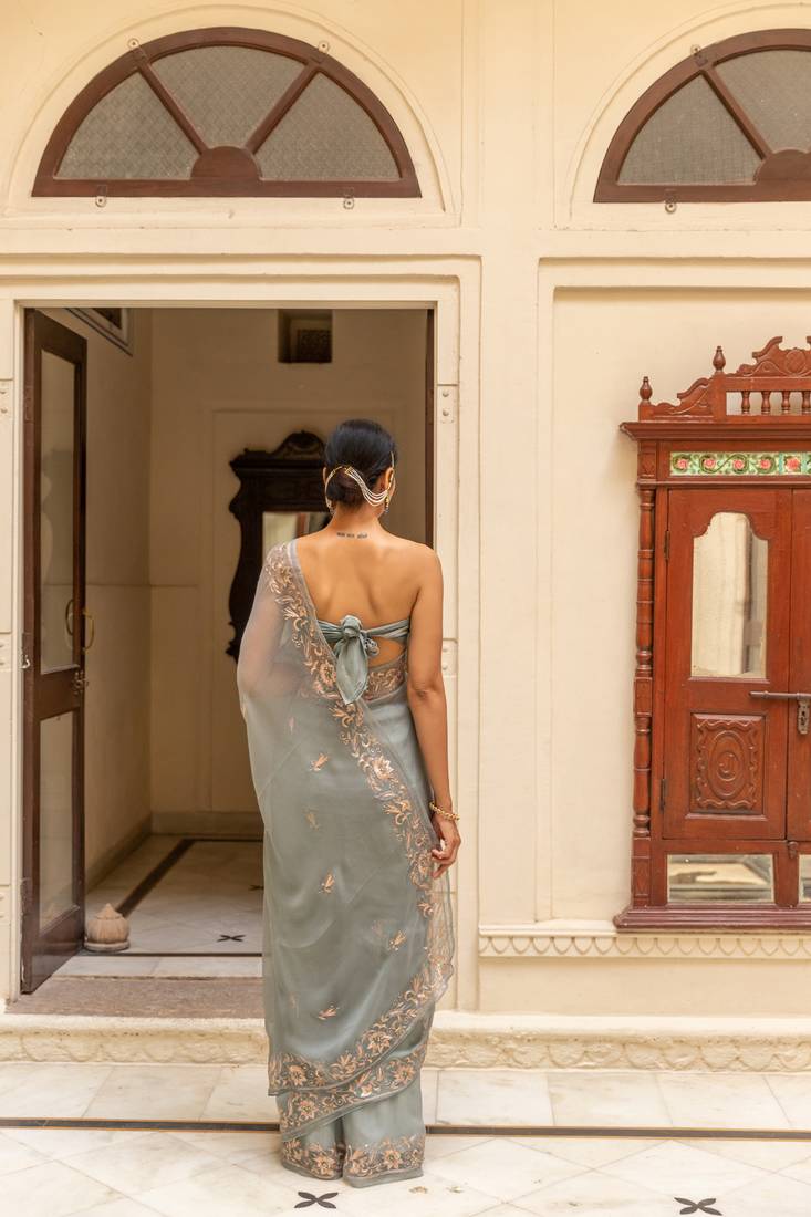 GEROO JAIPUR GREY HAND EMBROIDERED CHIFFON SAREE