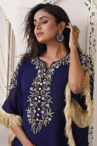 Dark blue color partywear embroidered kaftan