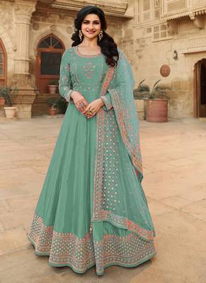Turquoise Silk Blend Embroidered Party Wear Salwar Kameez 1