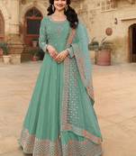 Turquoise Silk Blend Embroidered Party Wear Salwar Kameez
