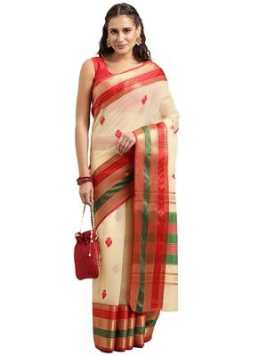 Off-White Woven Cotton Silk Saree With Blouse 1