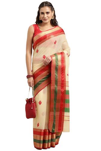 Off-White Woven Cotton Silk Saree With Blouse