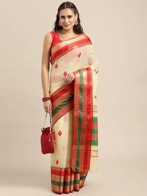 Off-White Woven Cotton Silk Saree With Blouse 2