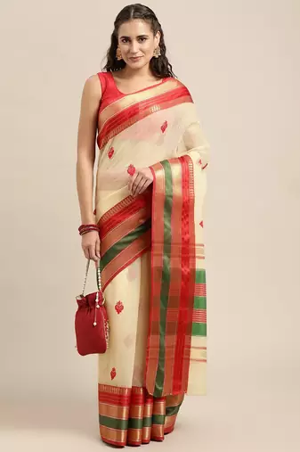 Off-White Woven Cotton Silk Saree With Blouse