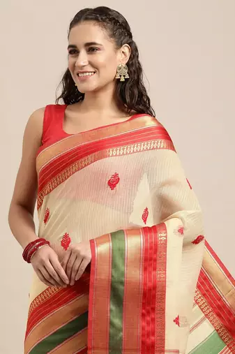 Off-White Woven Cotton Silk Saree With Blouse