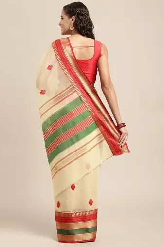 Off-White Woven Cotton Silk Saree With Blouse