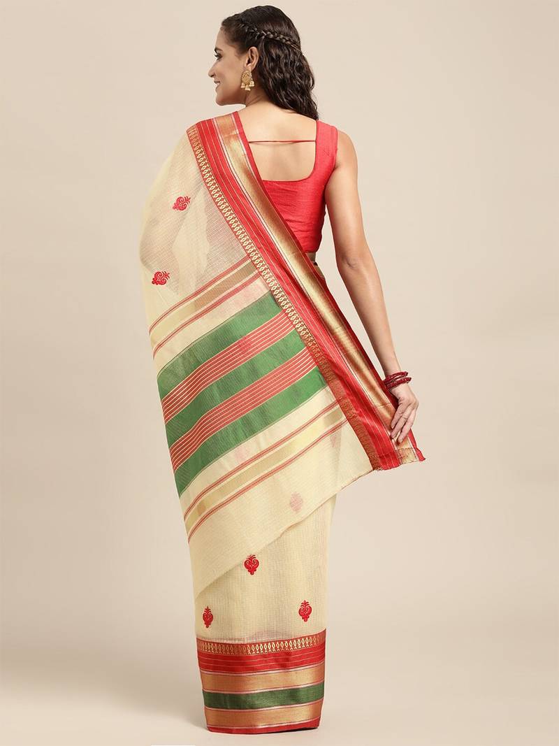 Off-White Woven Cotton Silk Saree With Blouse