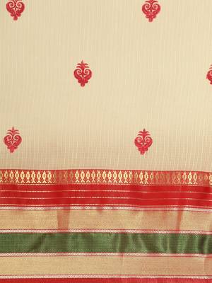 Off-White Woven Cotton Saree With Blouse 7
