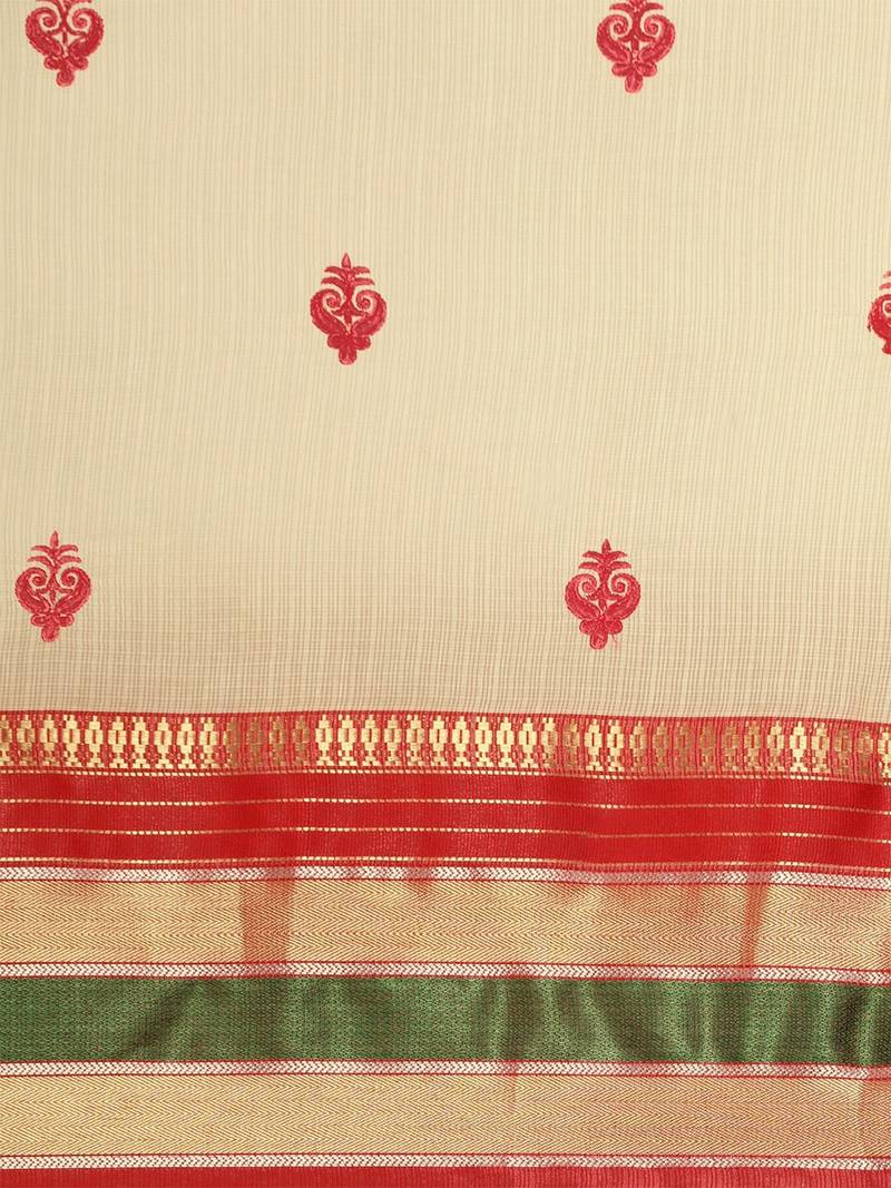 Off-White Woven Cotton Saree With Blouse