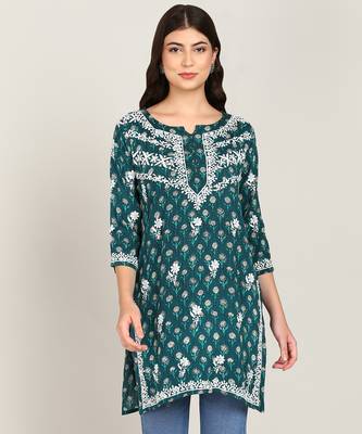  floral embroidered short rayon printed a-line green kurti 1