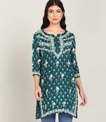 Vahson women floral chikan embroidered short rayon printed a-line green kurti