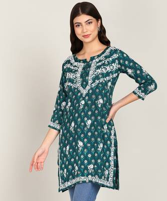 floral embroidered short rayon printed a-line green kurti 2