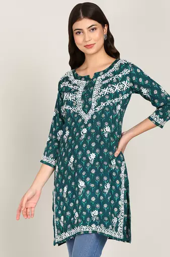 Vahson women floral chikan embroidered short rayon printed a-line green kurti