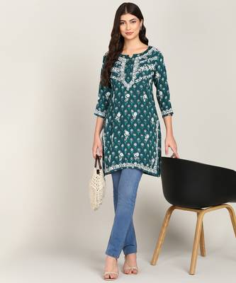  floral embroidered short rayon printed a-line green kurti 3