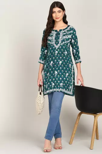 Vahson women floral chikan embroidered short rayon printed a-line green kurti