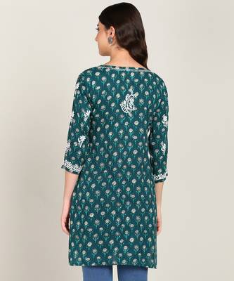  floral embroidered short rayon printed a-line green kurti 4
