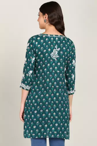 Vahson women floral chikan embroidered short rayon printed a-line green kurti