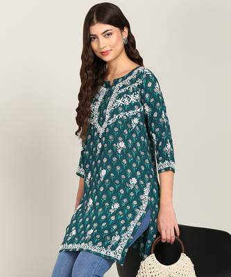  floral embroidered short rayon printed a-line green kurti 5