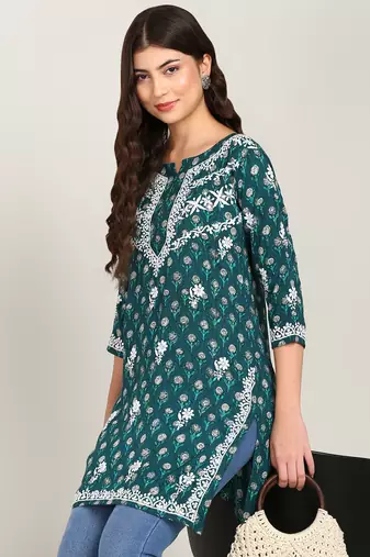 Vahson women floral chikan embroidered short rayon printed a-line green kurti